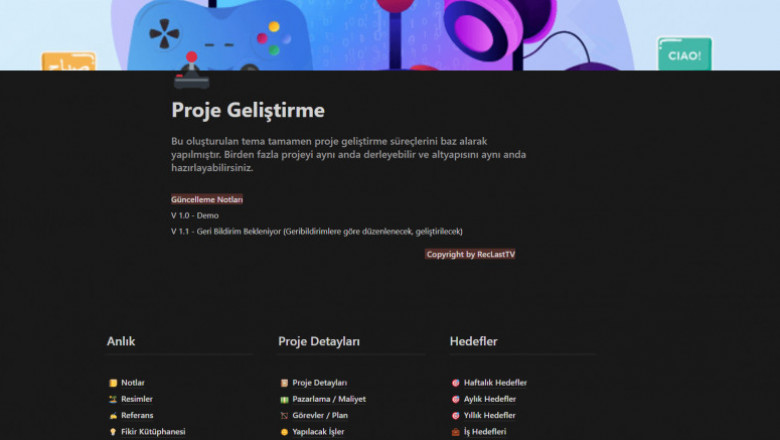 Notion Proje/Uygulama/Oyun Geliştirme Template (Tasarım)